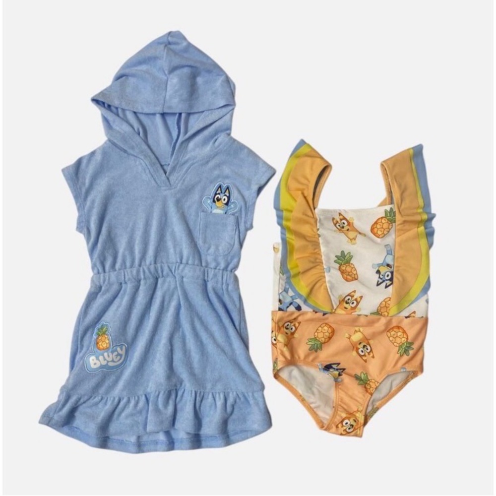 Bluey Girl’s One Piece Swim Suit & Blue Hooded Towel Cover 4T - Picture 2 of 3